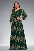 Curveins Plus Size Sequin V-Neck Lantern Sleeve Formal Party Maxi Dress