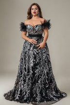 Curveins Plus Size Off Shoulder Sequin Pattern Cinched Waist Maxi Dress