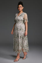 Curveins Plus Size V-Neck Ruffle Sleeve Embroidered Maxi Dress