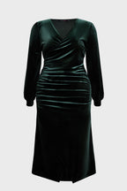 Curveins Plus Size V-Neck Long Sleeves Side Slit Bodycon Midi Dress