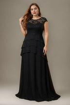 Curveins Plus Size Round Neck Chiffon Cross Ruffle A-Line Sheer Elegant Maxi Dress