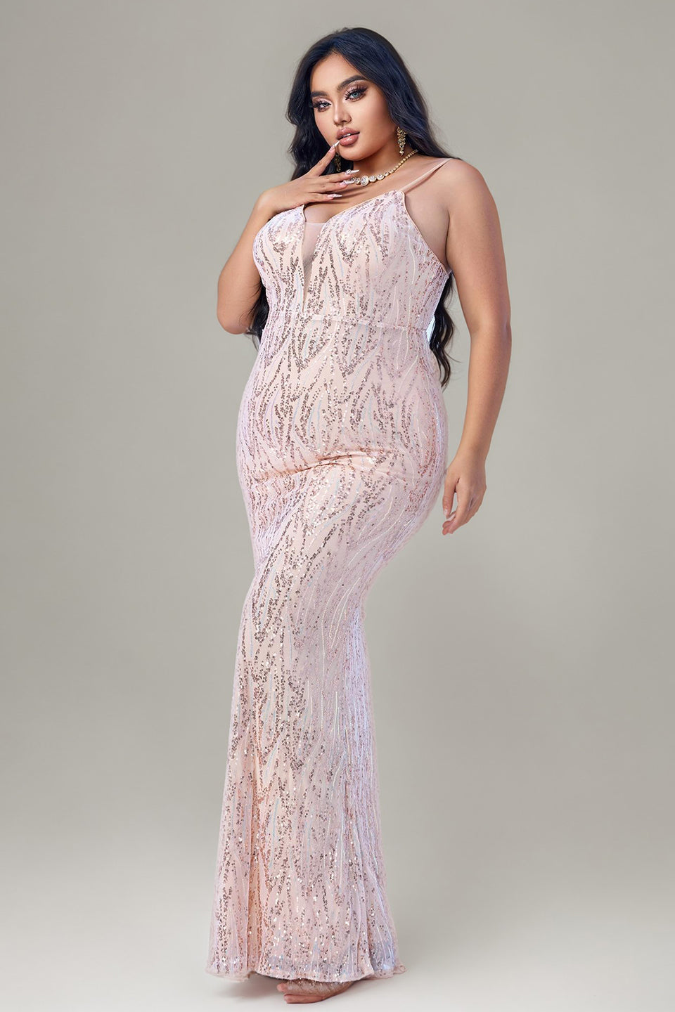 Curveins Plus Size V-Neck Spaghetti Strap Sleeveless Sequin Bodycon Maxi Dress
