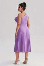 Curveins Plus Size Slimming Asymmetric One-Shoulder Ruffle Trim Pleated Dress
