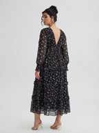 Curveins Plus Size V Neck Long Sleeve Floral Tiered Maxi Dress