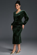 Curveins Plus Size V-Neck Long Sleeves Side Slit Bodycon Midi Dress