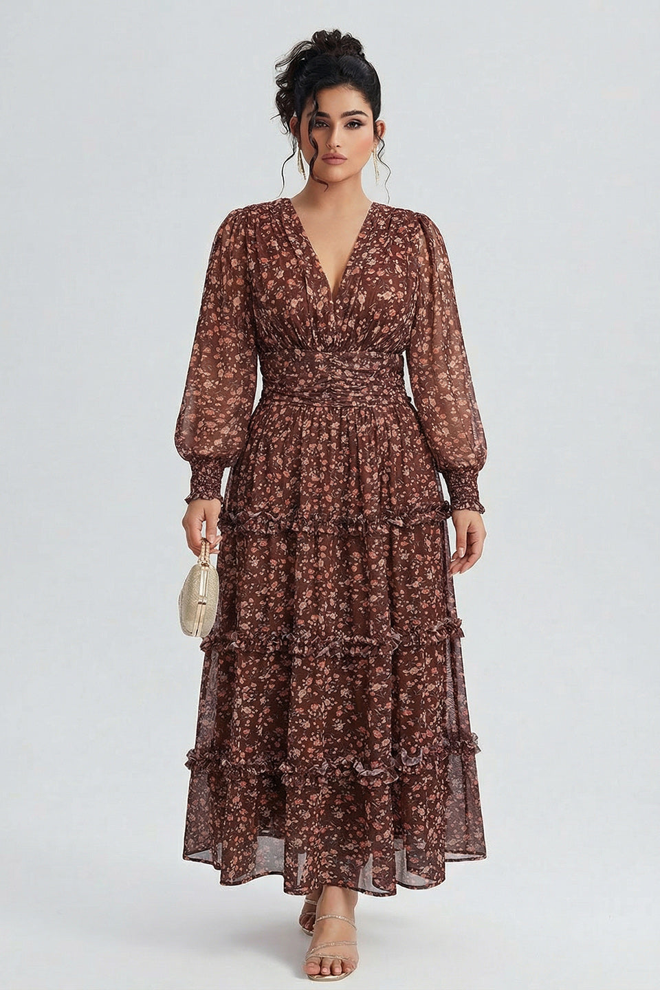 Curveins Plus Size V Neck Long Sleeve Floral Tiered Maxi Dress