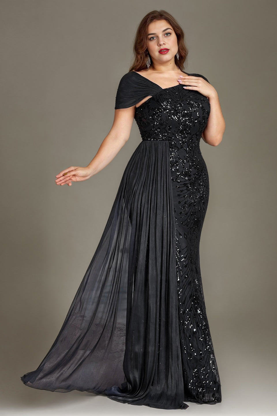Curveins Plus Size One Shoulder Sleeveless Beaded Ribbon Elegant Maxi Dress