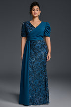 Curveins Plus Size V-Neck Sequin Patchwork Pattern Maxi Dress