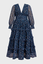 Curveins Plus Size V Neck Long Sleeve Floral Tiered Maxi Dress