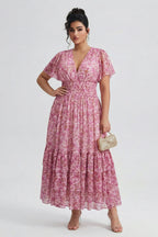 Curveins Plus Size  Floral Smocked Waist Ruffle Sleeve Maxi Dress