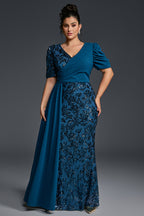 Curveins Plus Size V-Neck Sequin Patchwork Pattern Maxi Dress