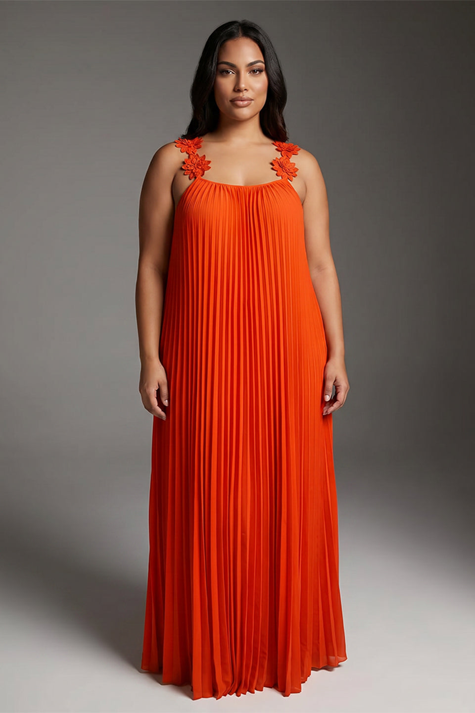 Curveins Plus Size Halter Neck Spaghetti Strap Floral Backless Pleated Maxi Dress
