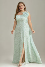 Curveins Plus Size Square Neck Spaghetti Strap Floral Embellishment High Slit Maxi Dress
