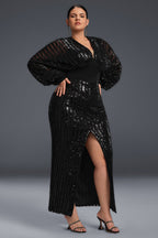 Curveins Plus Size Lantern Sleeve Slit Mesh Dress -Burgundy