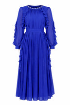 Curveins Plus Size Elegant Round Neck Long Sleeve Ruched Waist Slim Fit Evening Maxi Dress