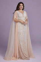 Curveins Plus Size V-Neck Sequin Maxi Dress with Cape Sleeves