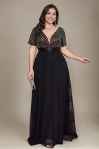 Curveins Plus Size Sequin V-Neck Short Sleeve Maxi Evening Gown