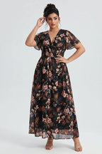 Curveins Plus Size V Neck Batwing Sleeve Floral Print Flowing Maxi Dress