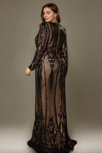 Curveins Elegant Plus Size V-Neck Floral Long Sleeve Sequin Bodycon Dress