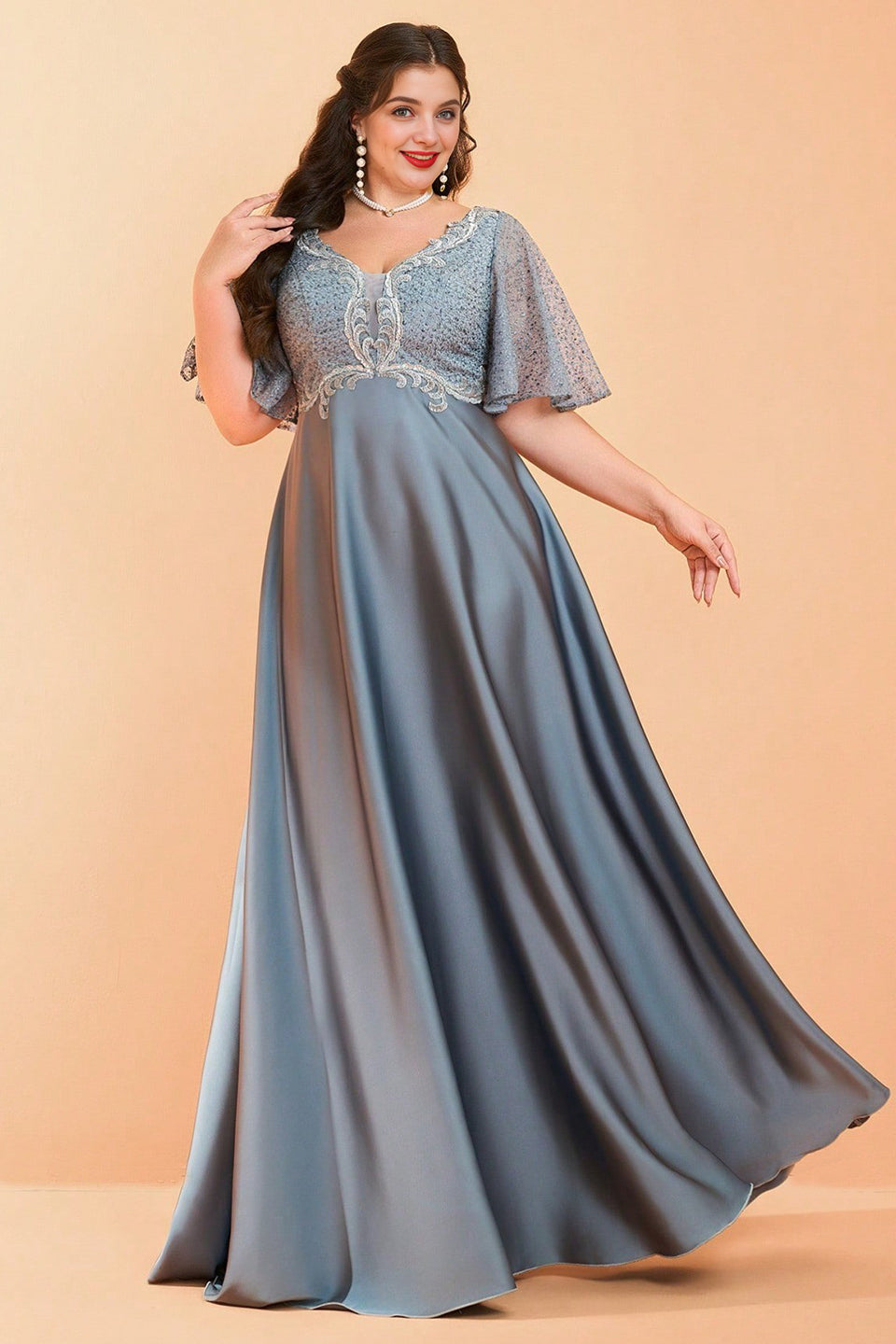 Curveins Plus Size V-Neck Batwing Sleeve Patchwork Maxi Dress