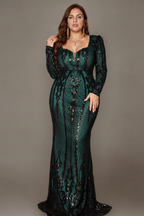 Curveins Elegant Plus Size V-Neck Floral Long Sleeve Sequin Bodycon Dress