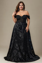 Curveins Plus Size Sparkly Floral Off Shoulder Fitted Waist Maxi Dress