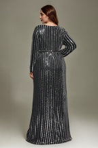 Curveins Plus Size V-Neck Sparkling Striped Sequin Evening Maxi Dress