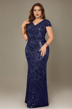 Curveins Plus Size V Neck Ruched Cross Front Sequin Mermaid Bodycon Maxi Dress