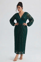 Curveins Plus Size V-Neck Sequin Balloon Sleeve Back-Slit Elegant Evening Maxi Dress