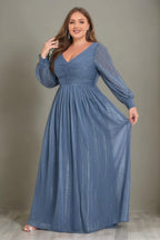 Curveins Plus Size V-Neck Long Sleeve Glitter Maxi Dress