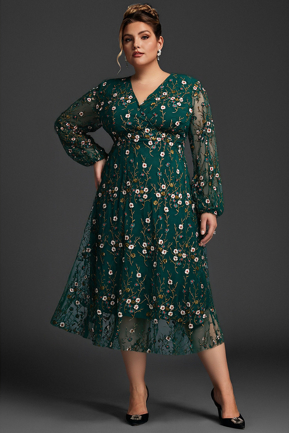 Curveins Plus Size V-Neck Ruffle Sleeve Embroidered Maxi Dress