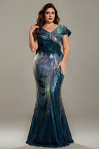 Curveins Plus Size Elegant V-Neck Cap Sleeve Sequin Bodycon Maxi Dress