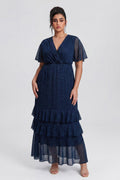 Curveins Plus Size V-Neck Batwing Sleeve Printed Maxi Dress with Ruched Detail