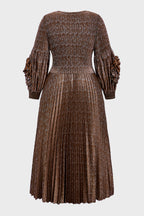 Curveins Plus Size V-Neck Long Sleeve Waist Tie Pleated Maxi Dress
