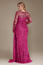 Curveins Plus Size Round Neck Embroidered Tie-Sash Bodycon Maxi Dress