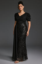 Curveins Plus Size V-Neck Sequin Patchwork Pattern Maxi Dress