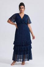 Curveins Plus Size V-Neck Batwing Sleeve Printed Maxi Dress with Ruched Detail