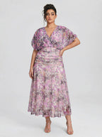 Curveins Plus Size V Neck Puff Sleeve Waist Defining Floral Print Elegant Maxi Dress