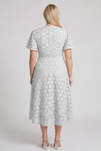 Curveins Plus Size Lace Hollow Detail Round Neck Short Sleeve Waist Defining Midi Dress