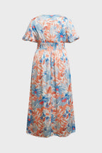 Curveins Plus Size V Neck Puff Sleeve Floral Pattern Elegant Flowing Maxi Dress