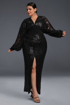 Curveins Plus Size Lantern Sleeve Slit Mesh Dress -Burgundy