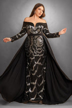 Curveins Plus Size Sparkling Sequin Off Shoulder Long Sleeve Elegant Party Maxi Dress