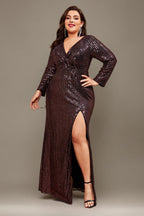 Curveins Plus Size V-Neck Long Sleeve Sequin Maxi Dress with Side Slit