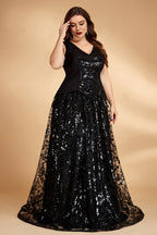 Curveins Plus Size V Neck Sleeveless Sequin Floral Cinched Waist Elegant Maxi Dress