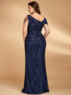Curveins Plus Size One Shoulder Sleeveless Beaded Ribbon Elegant Maxi Dress
