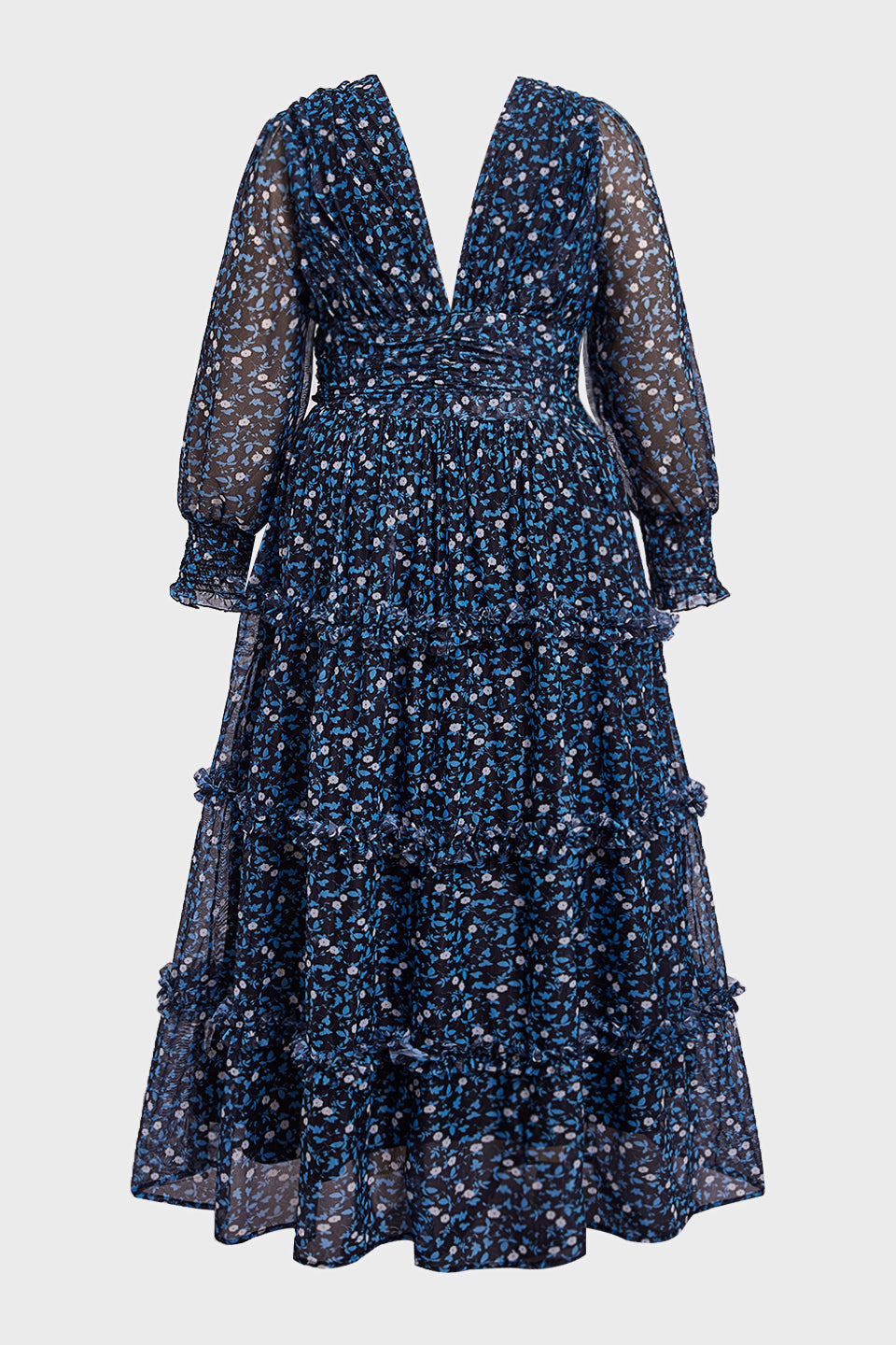 Curveins Plus Size V Neck Long Sleeve Floral Tiered Maxi Dress