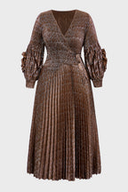 Curveins Plus Size V-Neck Long Sleeve Waist Tie Pleated Maxi Dress