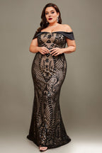 Curveins Plus Size Off-Shoulder Floral Pattern Curve-Hugging Mermaid Maxi Dress