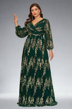 Curveins Plus Size Sequin V-Neck Lantern Sleeve Formal Party Maxi Dress
