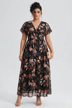 Curveins Plus Size V Neck Batwing Sleeve Floral Print Flowing Maxi Dress